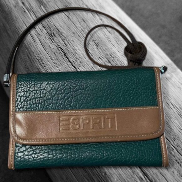 Esprit Handbags - Vintage Esprit 1980's Crossbody Shoulder Bag Credit Card Flap Green and Brown